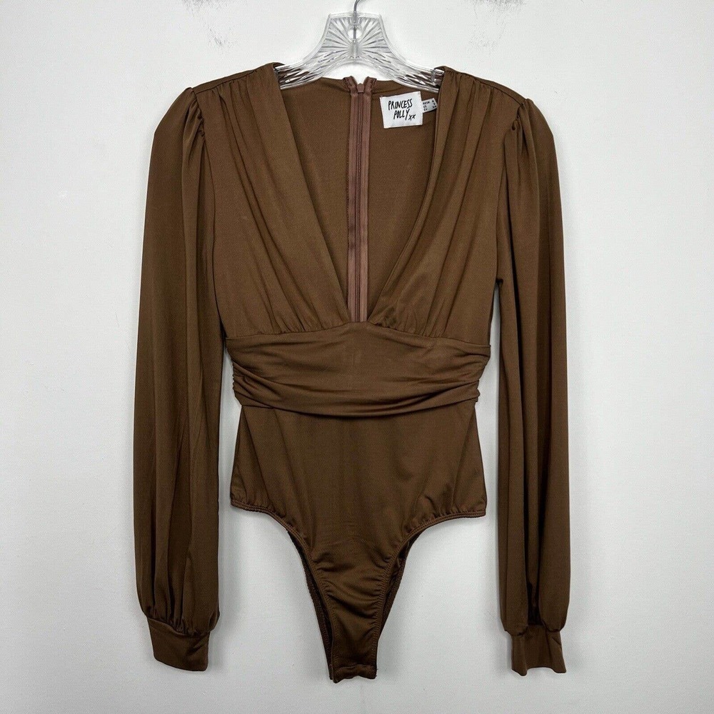 Princess Polly Bodysuit US 2 UK 6 Brown Jude Long Sleeve Plunge V-neck